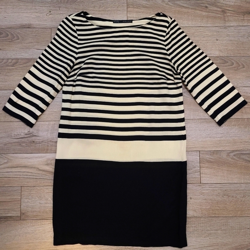 Zara Basic Ivory Black Dress Striped 3/4 Sleeve Sz Small Shift SheathExcellent